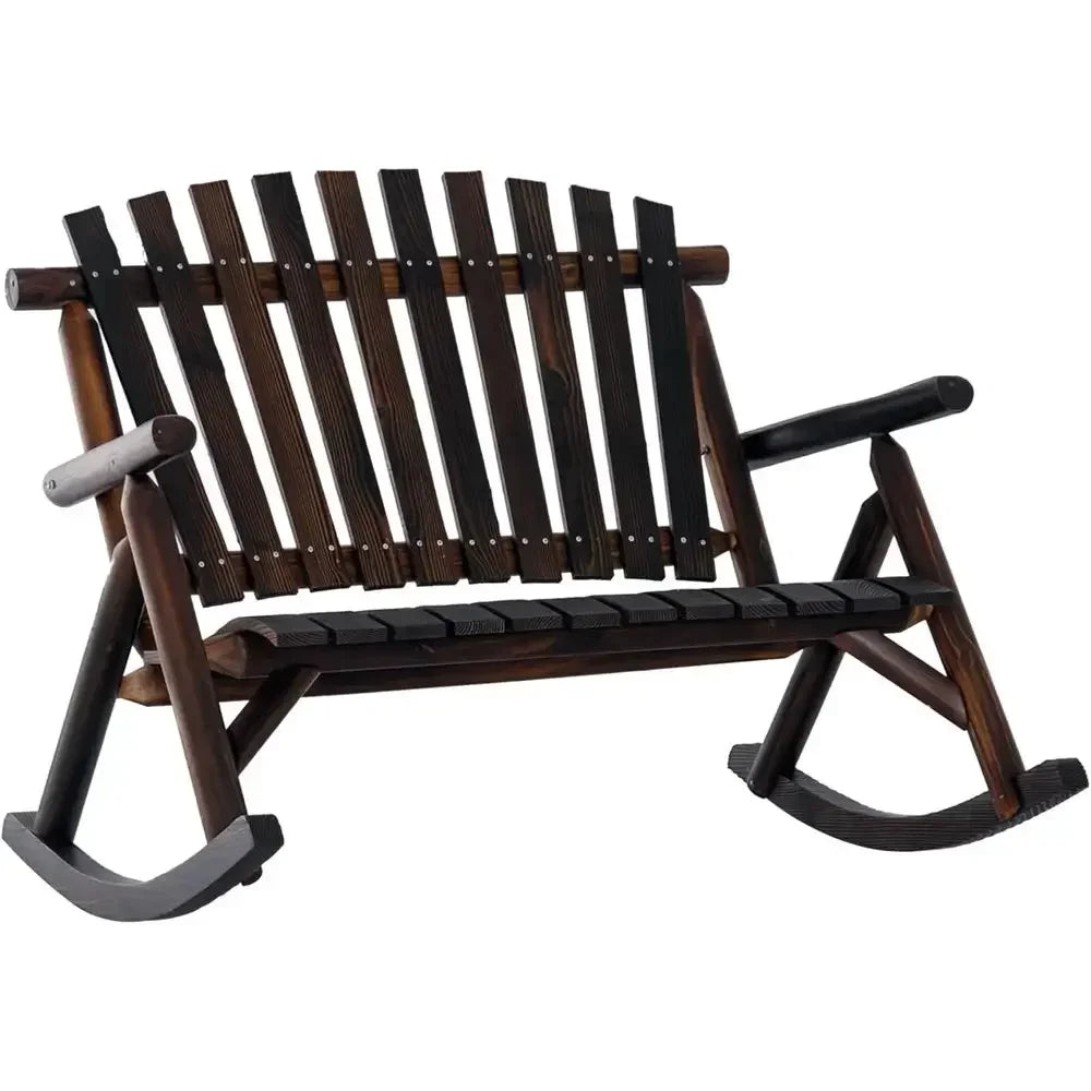 Double-Seat Rustic Outdoor Rocking Chair with Slatted Seat, High Backrest, Armrests for Patio, Garden, and Porch, Carbonized Fin