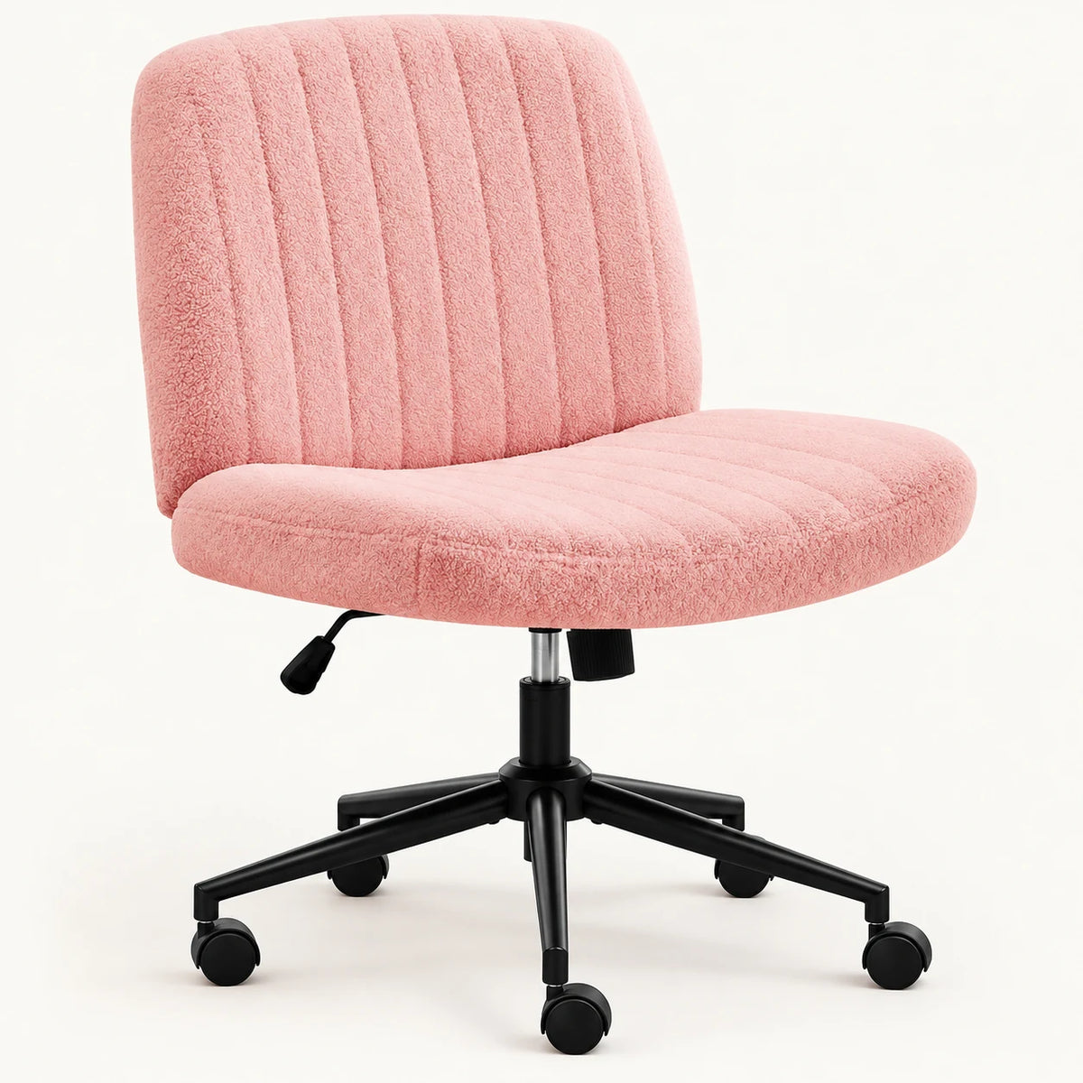 Pink teddy-fabric JHK armless desk chair with a wide padded seat